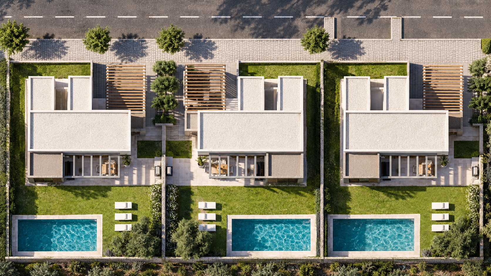Vista aérea de tres viviendas de Urbanización Tajinaste con jardín y piscina privada