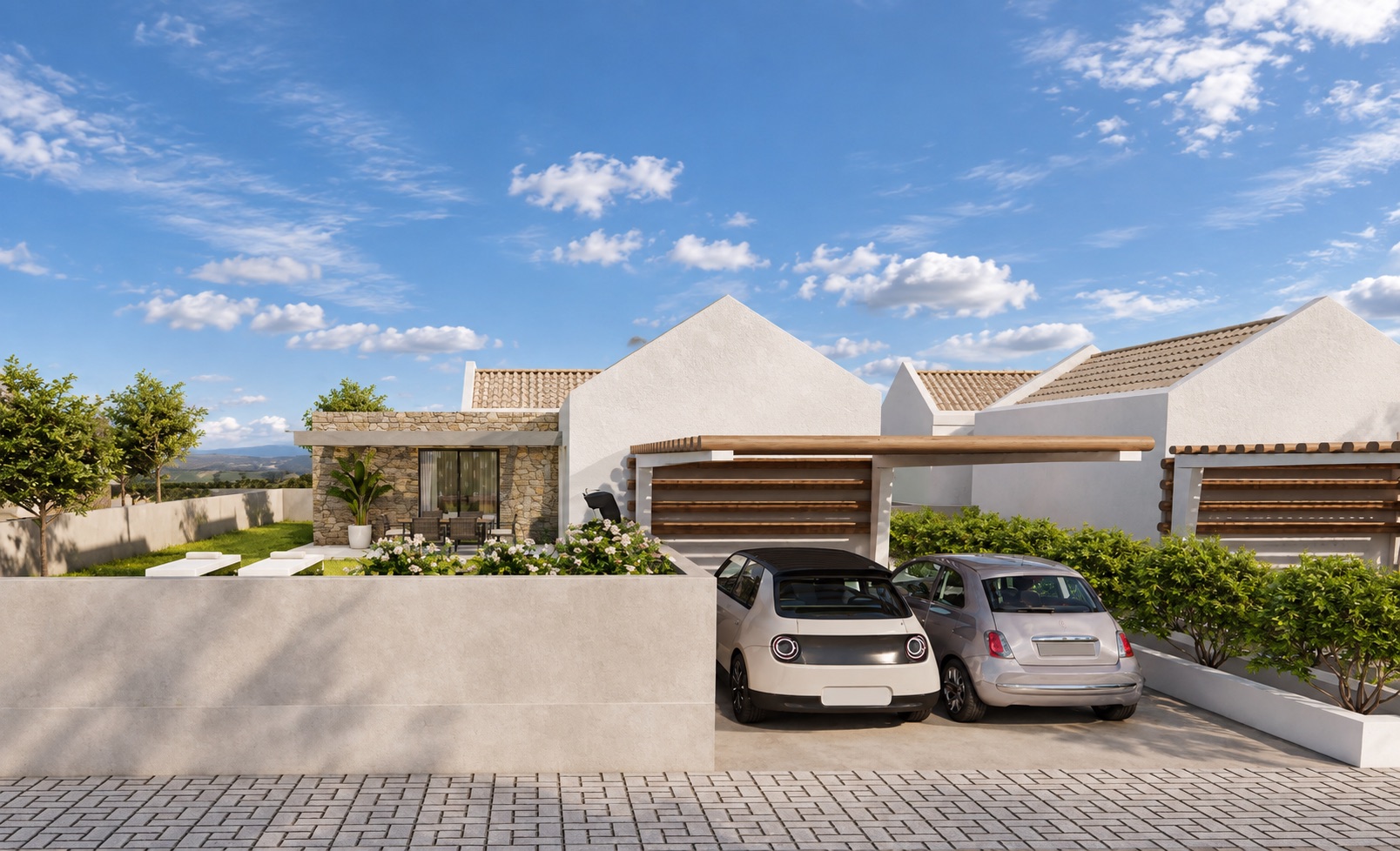 Fachada principal de vivienda Tajinaste, variante de jardín delantero
